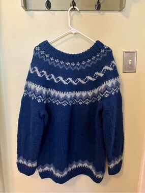 Handmade Thick Wool Nordic Knit Blue Pullover. Women’s XXL or Men’s XL.